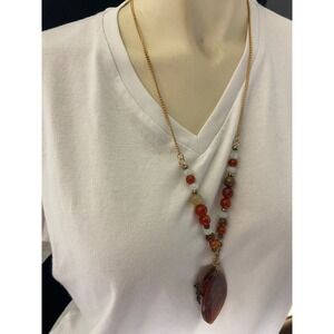 Jules B Beaded Necklace‎ Orange Gemstone Owl Pendant Gold Tone Boho Statement